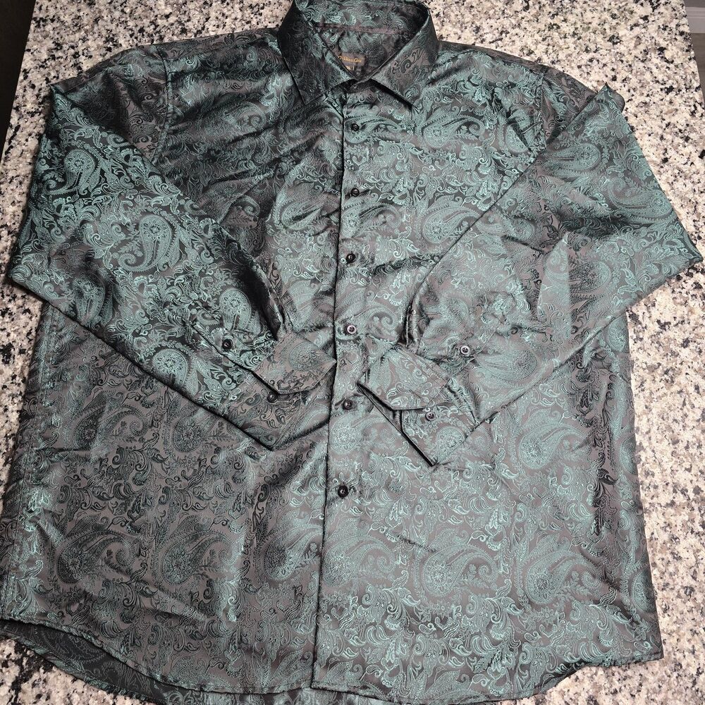 DiBanGu Silk Blend Paisley Green Button-Up Shirt Dress Shirt Men Size XXL